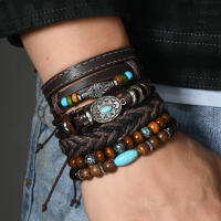 Conjunto de 6 pulseras boho madera cuentas vintage cabeza de toro ojos plumas multicapa artesanales regalos para hombre - details 10