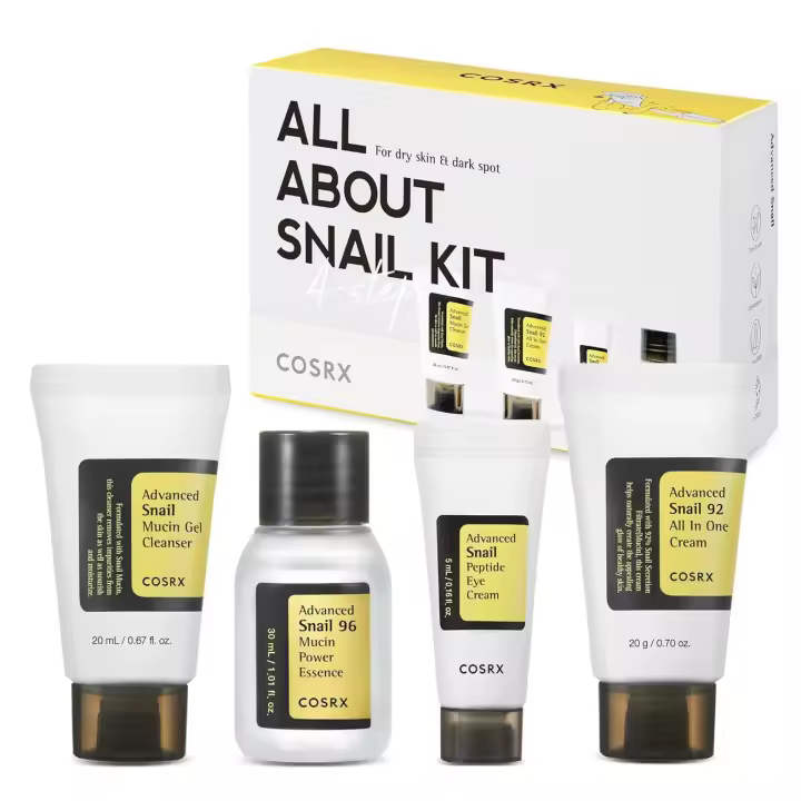 COSRX Todo sobre el set coreano para el cuidado de la piel, Mini Essentials, regalos del Día de la Madre para mamá, set de regalo de tamaño de viaje con cara de mucina de caracol - 1