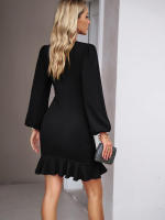 Vestido corto elegante para mujer, prenda informal con volantes, manga abullonada, color negro, sencillo e Irregular, novedad de otoño, 2023 - details 6