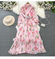 Elegante vestido midi de manga larga con corte en A y falda plisada, cintura ceñida, dobladillo de gasa, estampado floral coreano Sle Commute - details 19
