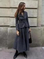 Blazer de lana sintética texturizada para mujer, traje con solapa, chaqueta ajustada con una hilera de botones, falda tipo capa plisada de cintura alta, conjunto elegante de invierno - details 1