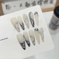 Arte de Uñas de Metal Plateado Hecho a Mano Irregular Longitud de Almendra Blanca, Conjunto Completo, Puntes de Uñas Falsas para Belleza - details 1