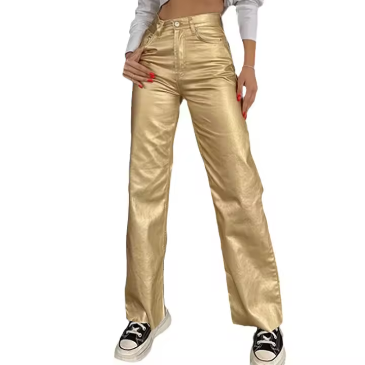 Pantalones de Pierna Ancha y Suelto para Mujer Primavera Otoño Estilo Retro Dorado Personalizable - 1