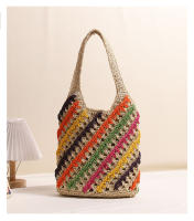 Bolso de paja de un solo hombro con rayas coloridas, bolso tejido hueco, estilo de vacaciones, bolso de playa, bolso casual para mujeres - details 5