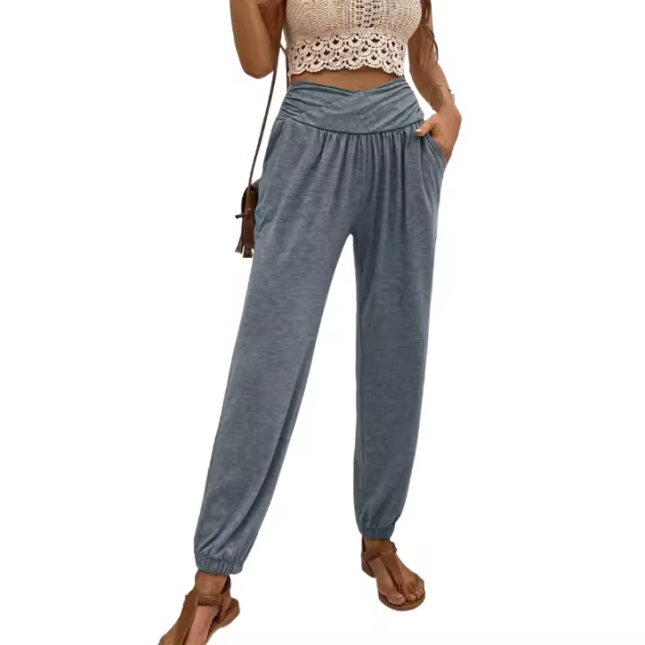 Pantalones caseros de cintura alta para mujer, ropa de moda para mujer, bolsillos sueltos informales - 1