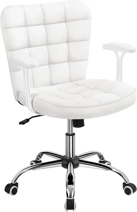 Silla de Oficina sin Reposabrazo Silla Oficina Tapizada de Cuero PU Silla con Ruedas Silla Ergonómica Base Metal Blanca - 1