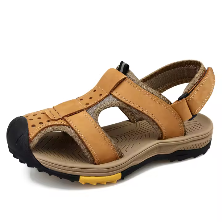 Sandalias de cuero con punta abierta para hombre, calzado para exteriores, playa, caminar, senderismo, color amarillo - 1