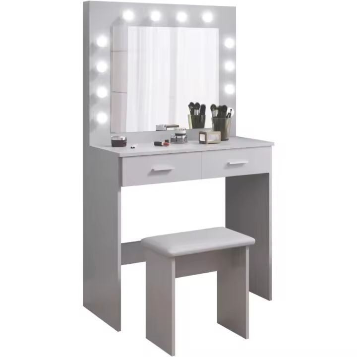 Maquillaje con Hollywood LED Espejo 2 Cajones Grans y Taburete 80x40x140cm (Gris) - 1