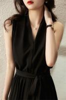 Vestido de Verano de Moda Top de Cuello Colgante para Mujer de Línea A Francesa sin Mangas de Color Sólido - details 3