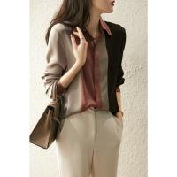 Blusa De Satén Para Mujer 2024 Cuello Polo Manga Larga Vintage Elegante Suéter Abierta Completa Ropa Casual De Oficina - details 2