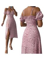 Sexy sin mangas con estampado bandeau y falda del vientre a la pantorrilla para mujer, vestido con tirantes de moda floral dividido - details 2