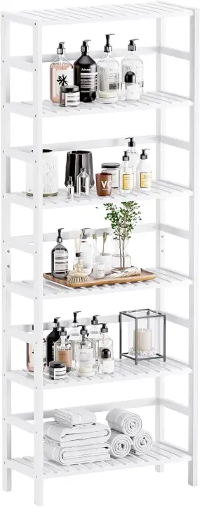 Estantería de bambú con 6 estantes ajustables, organizador de almacenamiento de cocina independiente, expositor de plantas, blanco - 1