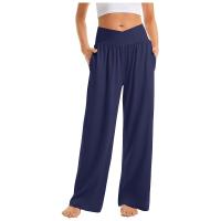 Pantalones De Algodón Y Lino Para Mujer Estilo Casual Cintura Baja De Temporada Todo El Año Pantalones Rectos Caídos De Pierna Ancha Color Sólido De Media Altura - details 7