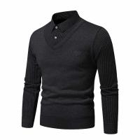 Otoño e Invierno nuevo suéter falso de dos piezas para hombres con forro polar y cuello tipo Polo ajustado camisa inferior de punto gruesa y cálida - details 9