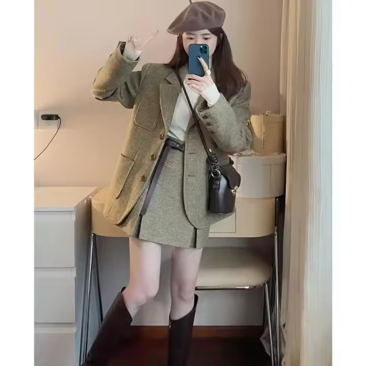 Conjunto de traje para mujer, elegancia Retro francesa de alta gama, chaqueta holgada y conjunto de dos piezas de media falda, otoño 2023 - 1