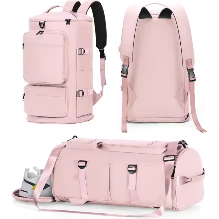 Bolsa de gimnasio para mujeres y hombres - Bolsa de lona 3 en 1 y mochila de gimnasio con compartimento para zapatos y bolsillo húmedo - Bolsa deportiva para llevar durante el fin de semana, mochila para viajes, color rosa - 1