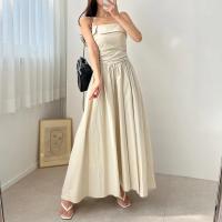 Vestido de tirantes de verano para mujer, falda acampanada plisada de cintura alta, vestido largo coreano Sle Pure Desire, cuello cuadrado, viaje dividido - details 11