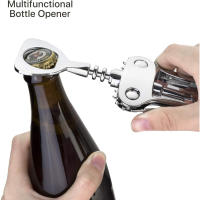 Abridor de vino fácil de utilizar con abrebotellas de cerveza Set Abrebotellas Premium 4 en 1 - Acero Cromado y Zinc, Asas Antideslizantes, Incluye Sacacorchos Al Vacío Guía Goteo Cortador, Ideal para Regalo y Enólogos - details 2