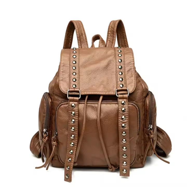 Mochila De Cuero lavado con remaches de moda, mochila de viaje informal de cuero suave de PU retro, mochila de gran capacidad - 1