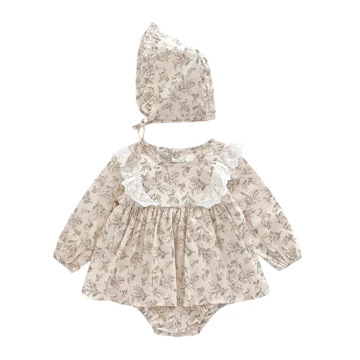 -Monos de Manga Larga para Niños, Ropa de Princesa, Monos, Flor, Encaje Lindo with Gorro - 1