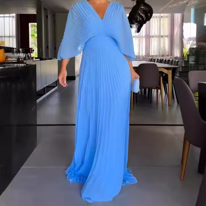2025 Nuevo Vestido de Mujer, Color Sólido, Cuello en V, Manga Murciélago, Cintura Alta, Morado - 1