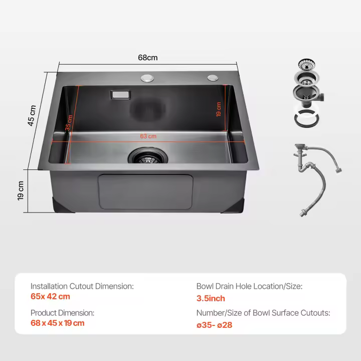 SucceBuy Fregadero de cocina Topmount, lavabo empotrado de un solo cuenco, acero inoxidable - 1
