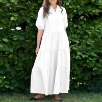 ZANZEA-Vestidos informales de manga corta abombada para vacaciones, Vestidos escalonados, batas elegantes de Color sólido con cuello en V, vestido Maxi de verano 2025 - details 1