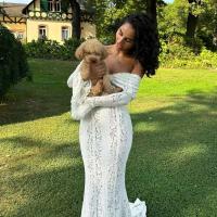 Vestido largo elegante con volantes y borde de encaje para mujer, vestido largo a la moda con cuello redondo y manga acampanada, vestidos largos ajustados para fiesta de verano 2025 - details 31