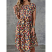 2025 nueva falda de manga corta con cintura elástica estampada elegante para mujer, vestido con cuello en V - details 3
