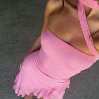BUNO-minivestido asimétrico con cuello Halter para mujer, minivestido liso con hombros descubiertos, sin mangas, con costuras de encaje, ropa concisa de fiesta para mujer - details 6