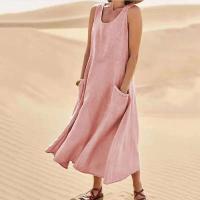 Vestido sin tirantes de lino y algodón para mujer, vestidos de colores lisos con bolsillos laterales dobles, vestido informal de verano - details 4