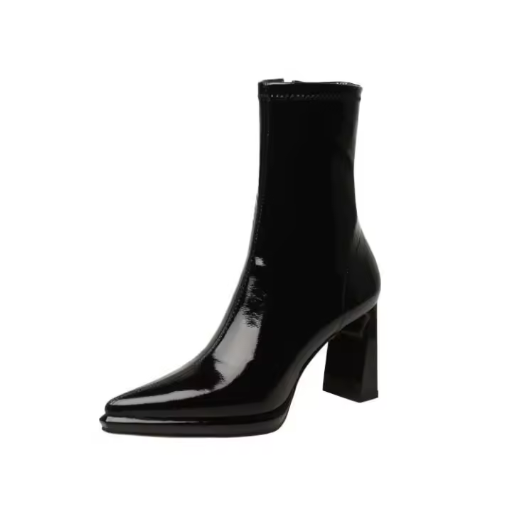 Botines de lujo para mujer, botines de cuero negro brillante, tacones altos de punta, plantilla de poliuretano, forro de malla, aumenta el otoño, novedad de 2024 - 1