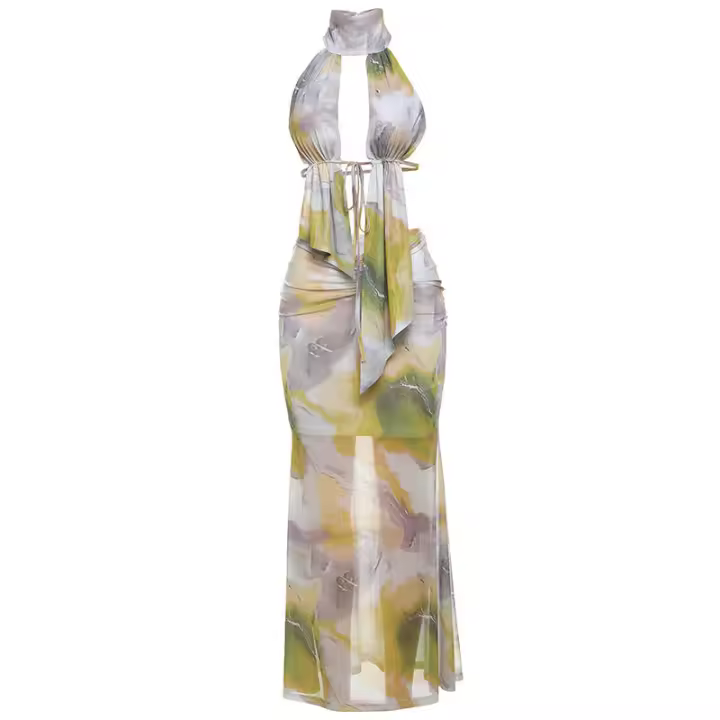 BUNO-Conjunto de 2 piezas con estampado sexy para mujer, impresionante camiseta hipster con cuello halter y escote elegante, faldas largas de cintura alta, traje de medianoche para mujer - 1