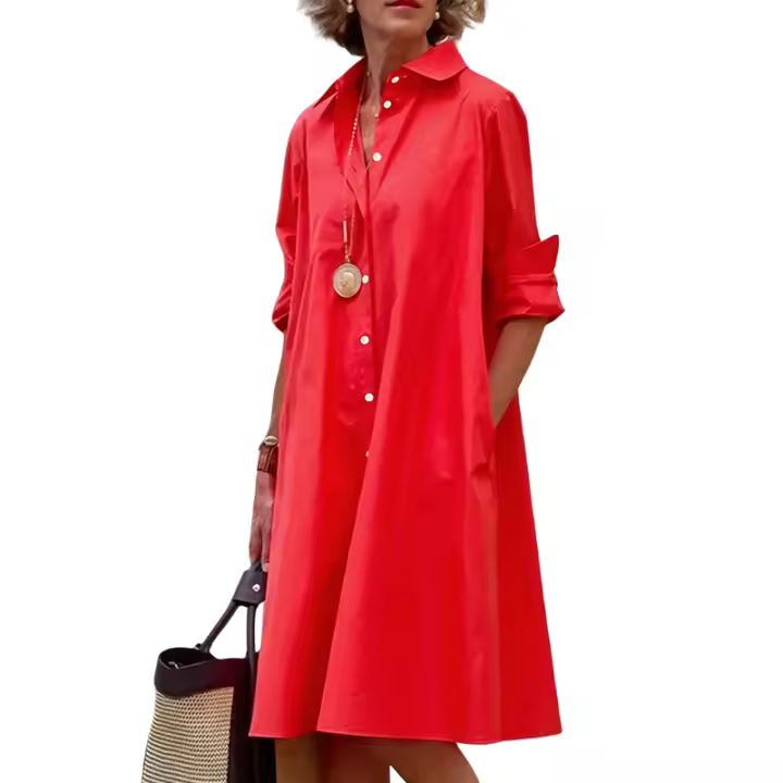 Vestido camisero informal de color liso para mujer, corte A, manga larga, cuello abotonado, corte holgado, lavable a máquina, para todas las estaciones, rojo, versátil, moda para el día a día, tejido de fácil cuidado. - 1