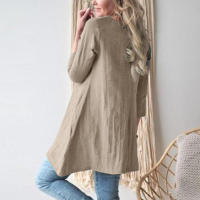 Tops sueltos de manga corta con cuello redondo para mujer, bolsillo de algodón y lino, nuevo - details 1