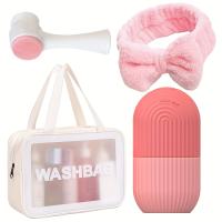 Set de regalo de cuidado de la piel de 6 piezas: rodillo de hielo, diadema de coral, bolsa de maquillaje y cepillo de limpieza facial - herramientas de belleza sin fragancia, lazo para el cabello, set de regalo - details 1