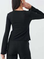 Camiseta Vintage para Mujer Manga Larga, Cuello en V, Laceras en la Frente, Color Sólido, Primavera - details 7