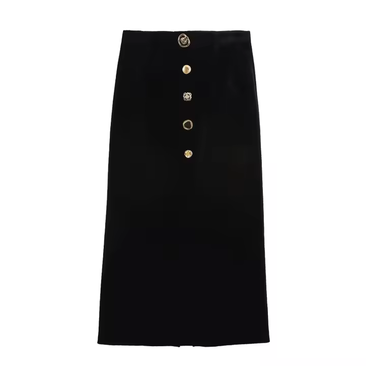 largas de cintura alta para mujer, faldas con botones de un solo pecho, con abertura decorativa y cremallera, color negro, moda de otoño - 1