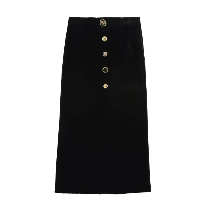 largas de cintura alta para mujer, faldas con botones de un solo pecho, con abertura decorativa y cremallera, color negro, moda de otoño - 1