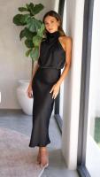 Elegante Vestido Largo de Satén de Color Sólido Cuello Halter sin Mangas Ideal para Fiestas - details 12