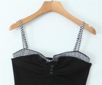 OUWU Falso Halter Top Negro Estilo Francés a Cuadros Vacaciones Verano Moda de Mujer - details 2