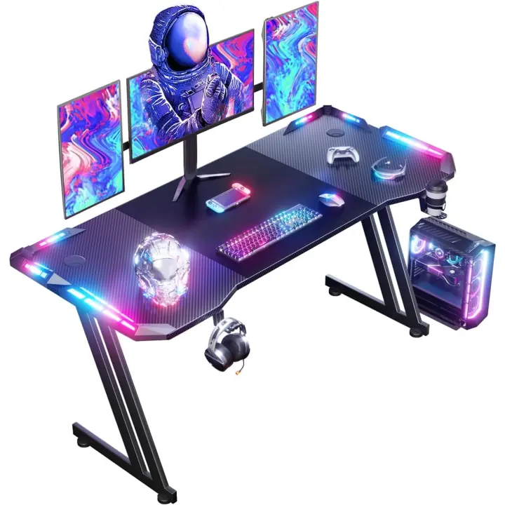 Mesa de Juego LED de 160 x 60 cm Mesa Ergonómica de Fibra de Carbono para Jugadores Color Negro - 1