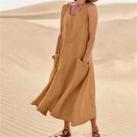Vestido sin tirantes de lino y algodón para mujer, vestidos de colores lisos con bolsillos laterales dobles, vestido informal de verano - details 9