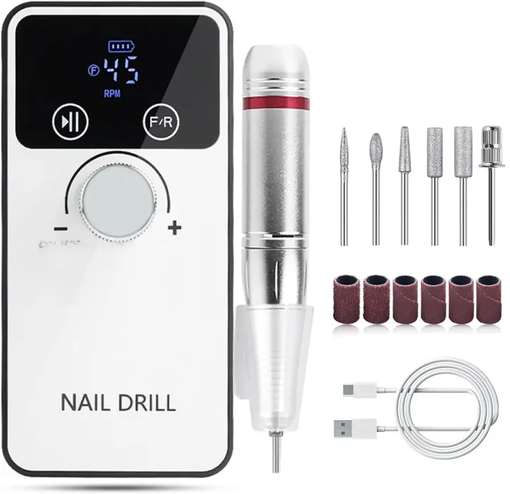 Taladro de uñas eléctrico 6 en 1 con lima de uñas de doble cara Tablero de esmeril Juego de manicura inalámbrico de 45000 RPM para gel acrílico Molinillo de uñas recargable de 2000 mAh Herramienta de uñas profesional LCD - 1