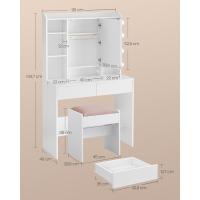 Tocador con Luces LED con Brillo Ajustable, Mesa de Maquillaje con Espejo, Espacioso, Estantes Ajustables, 2 Cajones, Mesa de Maquillaje, Blanco Nube - details 16