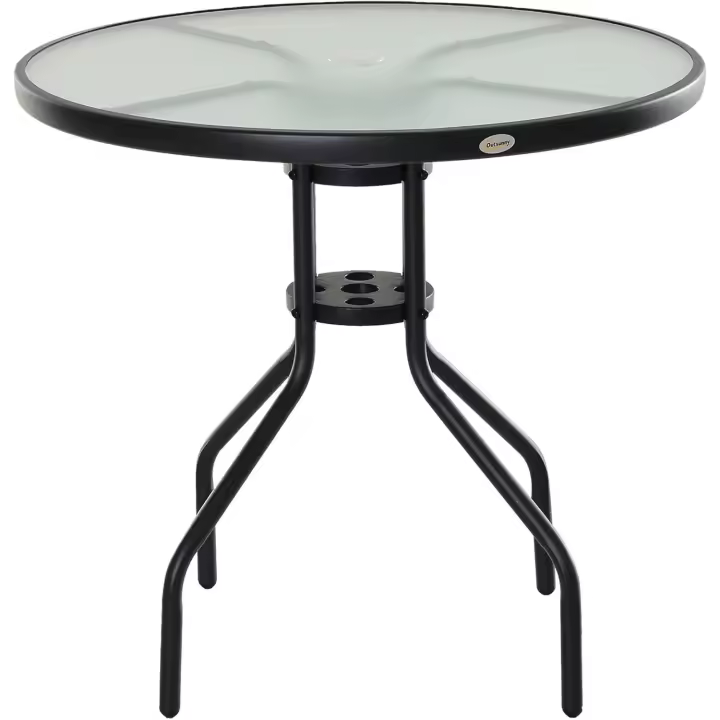 Mesa de Jardín Redonda de Cristal Templado Comedor de Patio Terrázano Balcón Exterior con Agujero para Parasol Negro Ø80x72 cm - 1