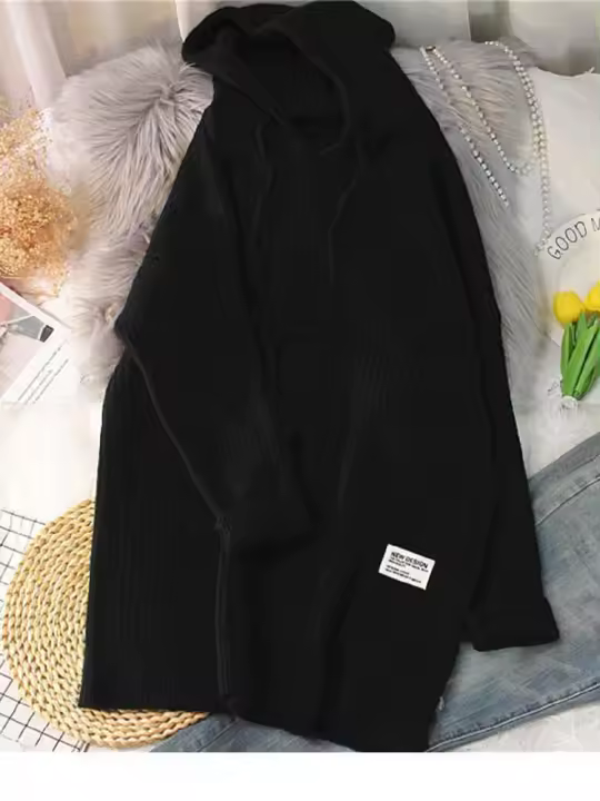 Hooded long women autumn winter solid knitted pullovers warm loose casual knitwear jumper - 1