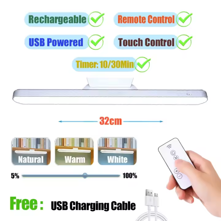 Lámpara de escritorio remota, 48cm, 32cm, luz nocturna colgante magnética, lámpara de mesa recargable por USB, luz de lectura LED para gabinete, espejo de noche - 1