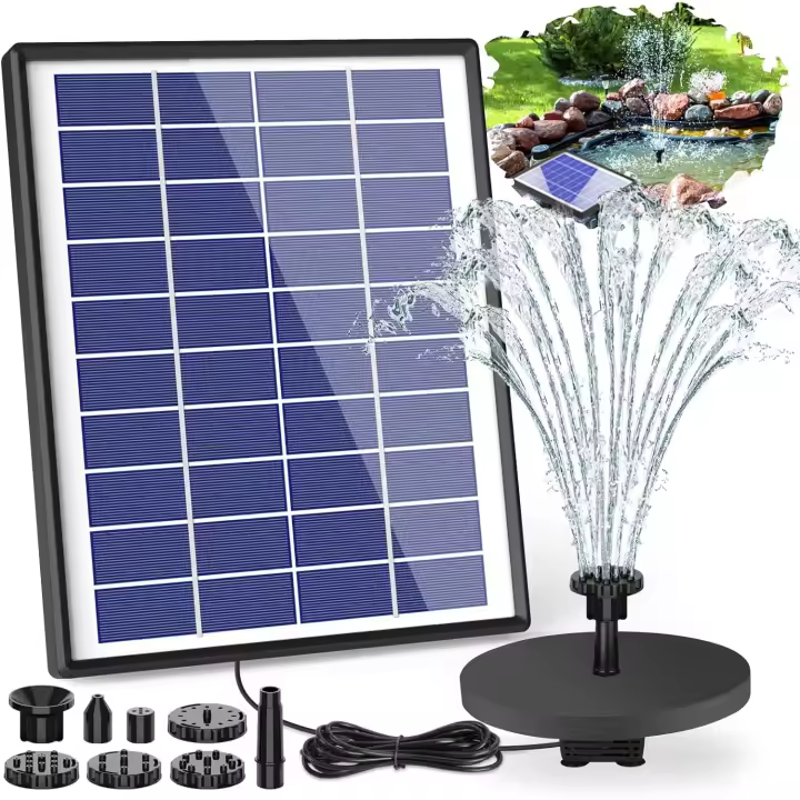 AISITIN Bomba Solar de Fuente de 6,5 W, Panel con batería Auxiliar, Bomba de Agua Solar para Fuente Flotante, 6 boquillas, para baño de pájaros, pecera, Estanque o decoración de jardín (6,5W) - 1