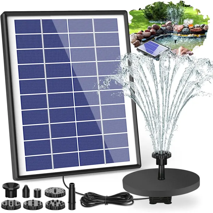 AISITIN Bomba Solar de Fuente de 6,5 W, Panel con batería Auxiliar, Bomba de Agua Solar para Fuente Flotante, 6 boquillas, para baño de pájaros, pecera, Estanque o decoración de jardín (6,5W) - 1